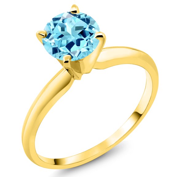 Gem Stone King 14K Yellow Gold Blue Apatite Solitaire Engagement 4-Prong Ring for Women | 0.82 Cttw | Round 6MM | Gemstone Birthstone (Size 5)