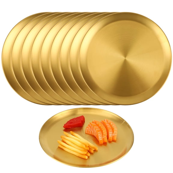 10PCS Golden Stainless Steel Plates, 10" Large Round Shallow Plates, Elegant Brushed Stainless Steel Dish Dinnerware, Food Serving Tray for Home, Party, Restaurant, Cafeteria