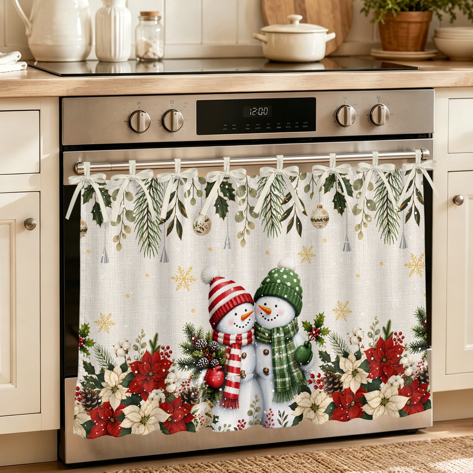 Oven Curtain for Kitchen Farmhouse Christmas Snowman Stove Curtain With Ruffled Trim Dishwasher Curtains Winter Poinsettia Xmas Ball Oven Skirt 32 x24