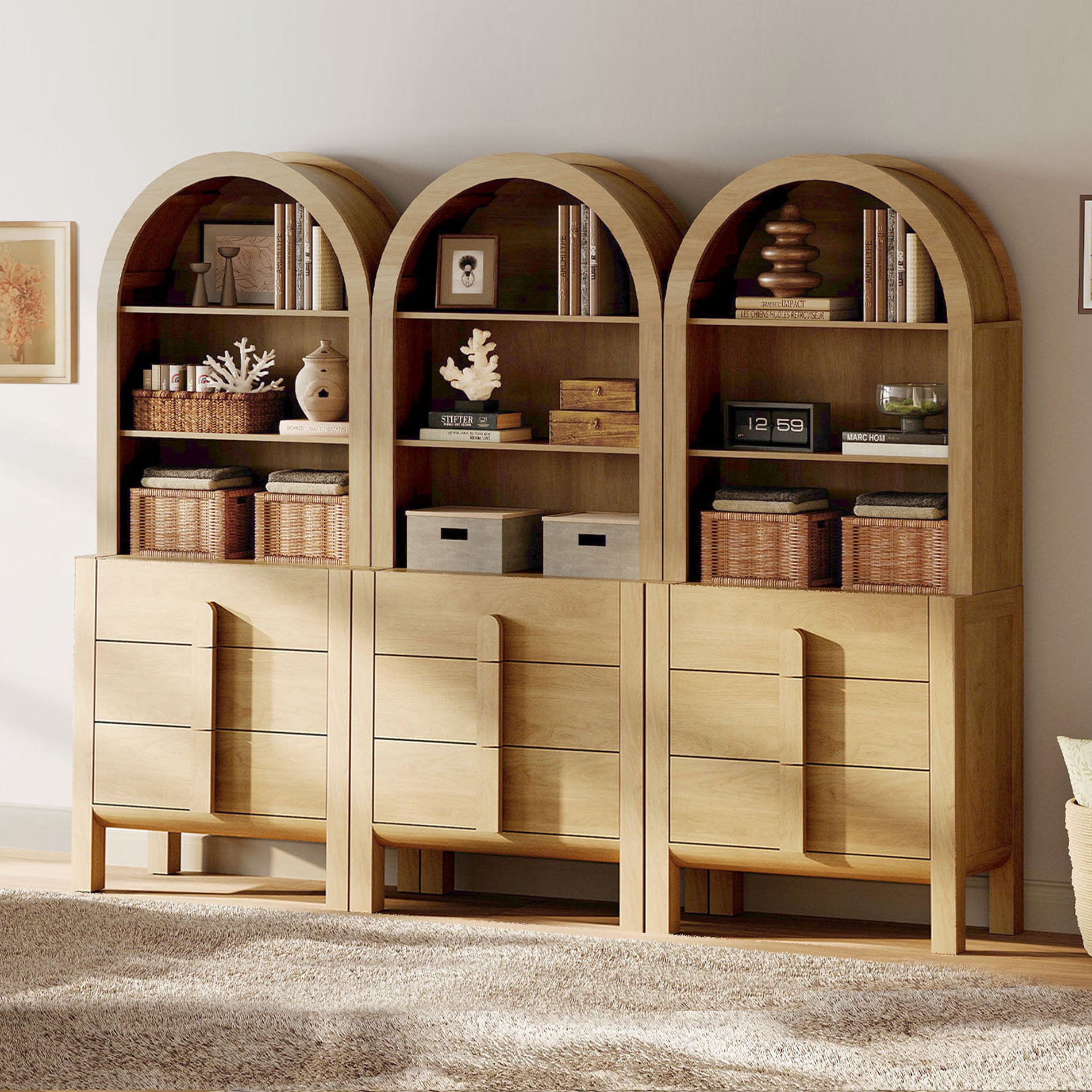 71"H X 94.5"W Tall Arched Bookshelf, Modern 9 Tier Bookcase with Open Storage, Wooden Display Cabinet with Drawer and Shelves, Versatile Bookshelf for Living Room, Study, Office