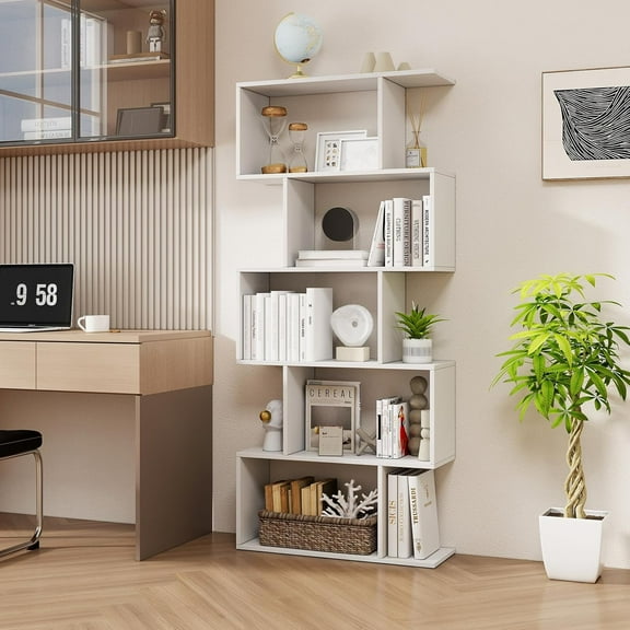 5 Tier Geometric Bookcase, S Shaped Bookshelf, Modern Decorative Storage Shelving, Wooden Room Divider Bookcase, 62.5" Tall Staggered Display Book Shelf for Living Room (1, White)