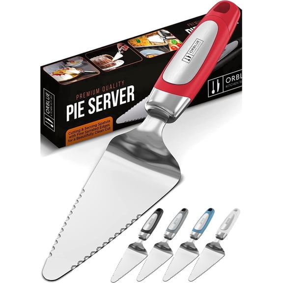 Orblue Pie Server, Essential Kitchen Tool, Serrated on Both Sides, Great for Right or Left Handed Chef, Stainless Steel Flatware, Cake Cutter, Red