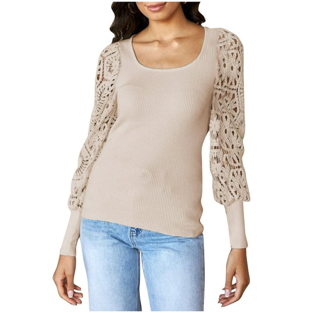 FAIWAD Womens Tops Lace Square Neck Patchwork Lantern Long Sleeve Tops Solid Color Ribbed Casual Loose Tops