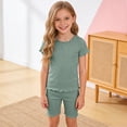thumbnail image 2 of larppty Girls Shorts Set 2‑Piece Ribbed Knit Summer Outfit Short Sleeve Top & Elastic Waist Shorts Casual Playwear（Green， 4-5 Years）, 2 of 9