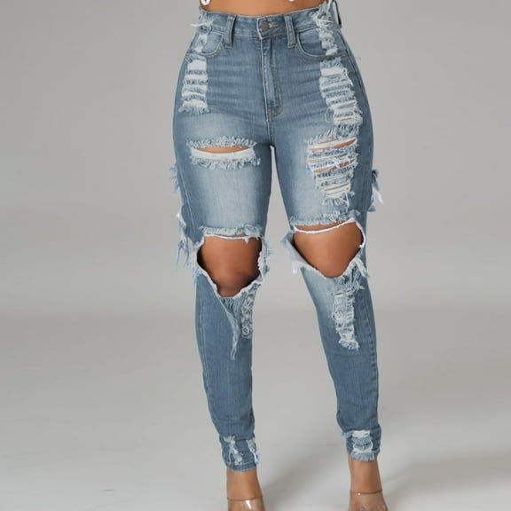 Summer Saving Wycnly Womens Denim Pants Womens Jean Fashion Ripped Distressed Boyfriend Denim Pants Lightweight Casual Solid High Waist Slim Stretchy Denim Pants with Pocket Fall