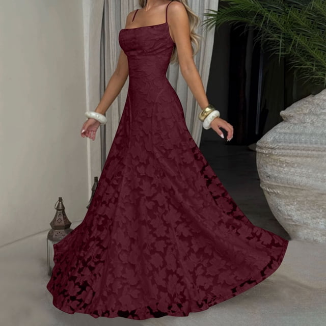 Xdegoge Robe Maxi Formelle pour Femmes Sans Manches à Encolure Carrée à Bretelles Spaghetti en Dentelle Florale Robes Élégantes Coupe Ajustée Soirée Fête Longues Robes Fluides Légères Été Vacances Invitée de Mariage Robes
