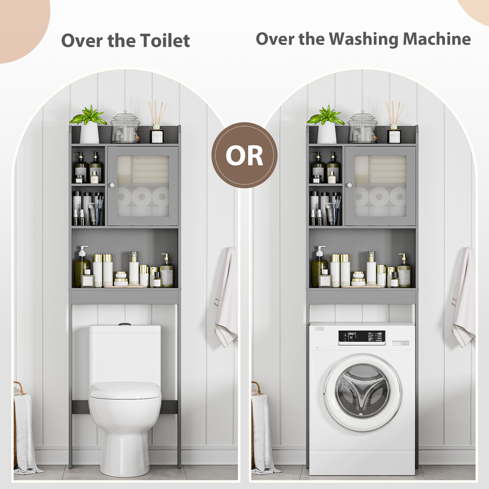Favory Over The Toilet Cabinet, Double Door Bathroom Storage Organizer, Toilet Rack with Inner Adjustable Shelf and Open Storage Shelf,Gray