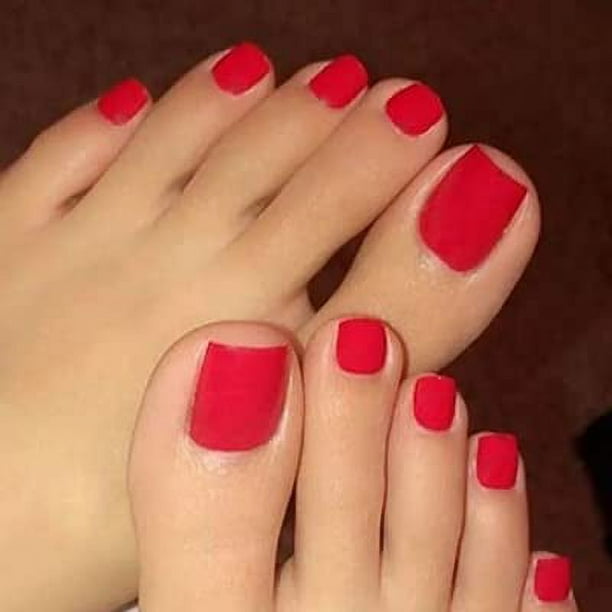 Outyua Uñas postizas cuadradas rojas mate para prensar en las uñas de los pies, uñas postizas acrílicas cortas, uñas artificiales de playa, cubierta completa para mujeres, 24 piezas (rojo)