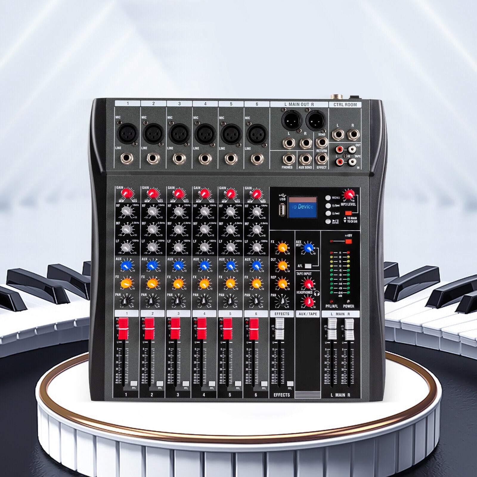 Professional Digital 6-Channel Audio Mixer with Bluetooth, 48V Phantom Power, Built-in Music Modes, and LCD Display