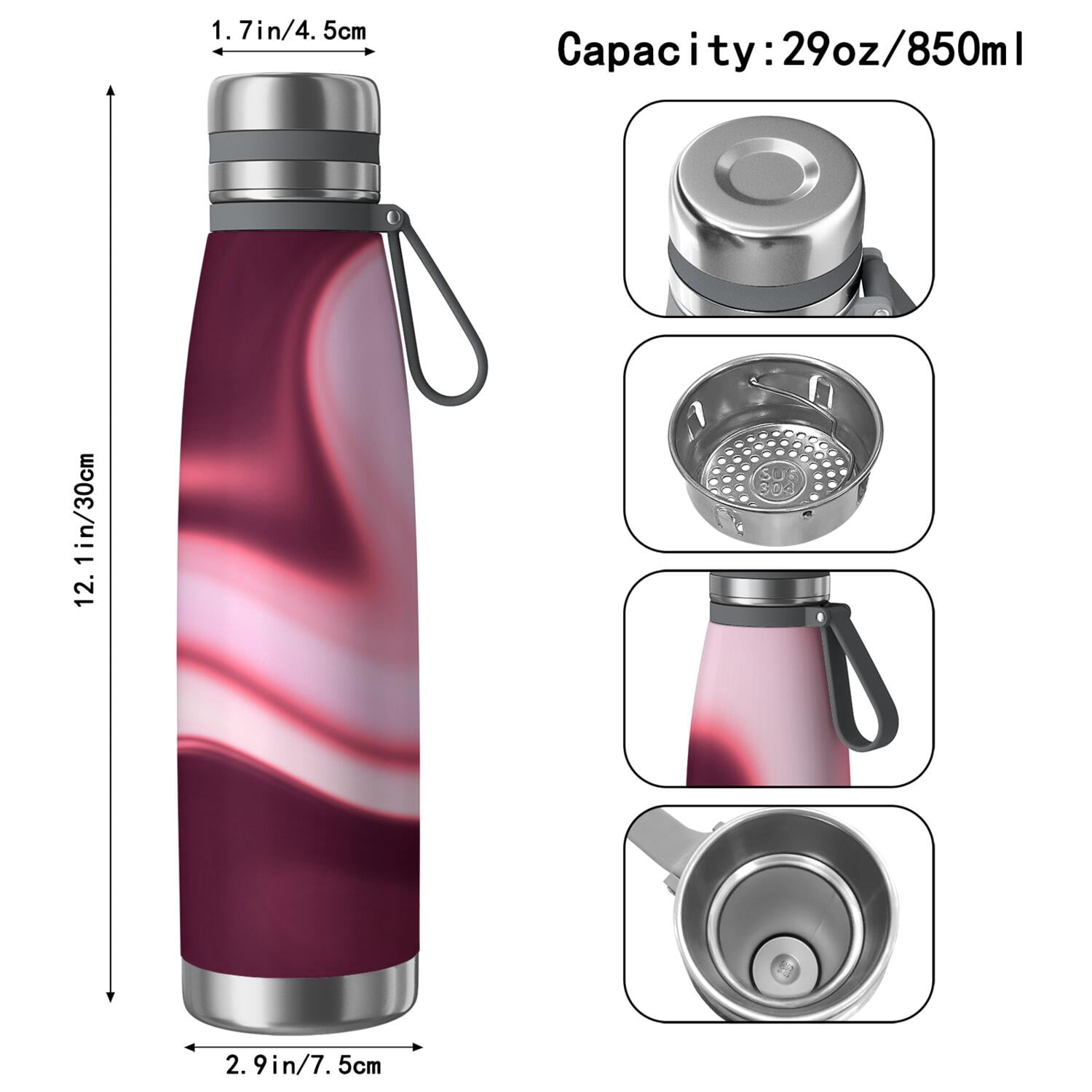 29oz Insulated Water Bottle with Tea Infuser, Stainless Steel Travel Mug, Fluid Smoke Aurora Art Style