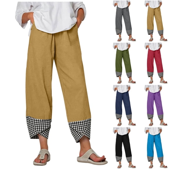 Miluxas Women's Gingham Trim Wide Leg Pants Elastic High Waist Loose Fit Casual Cropped Pants with Pockets Summer Work Casual Trousers Red