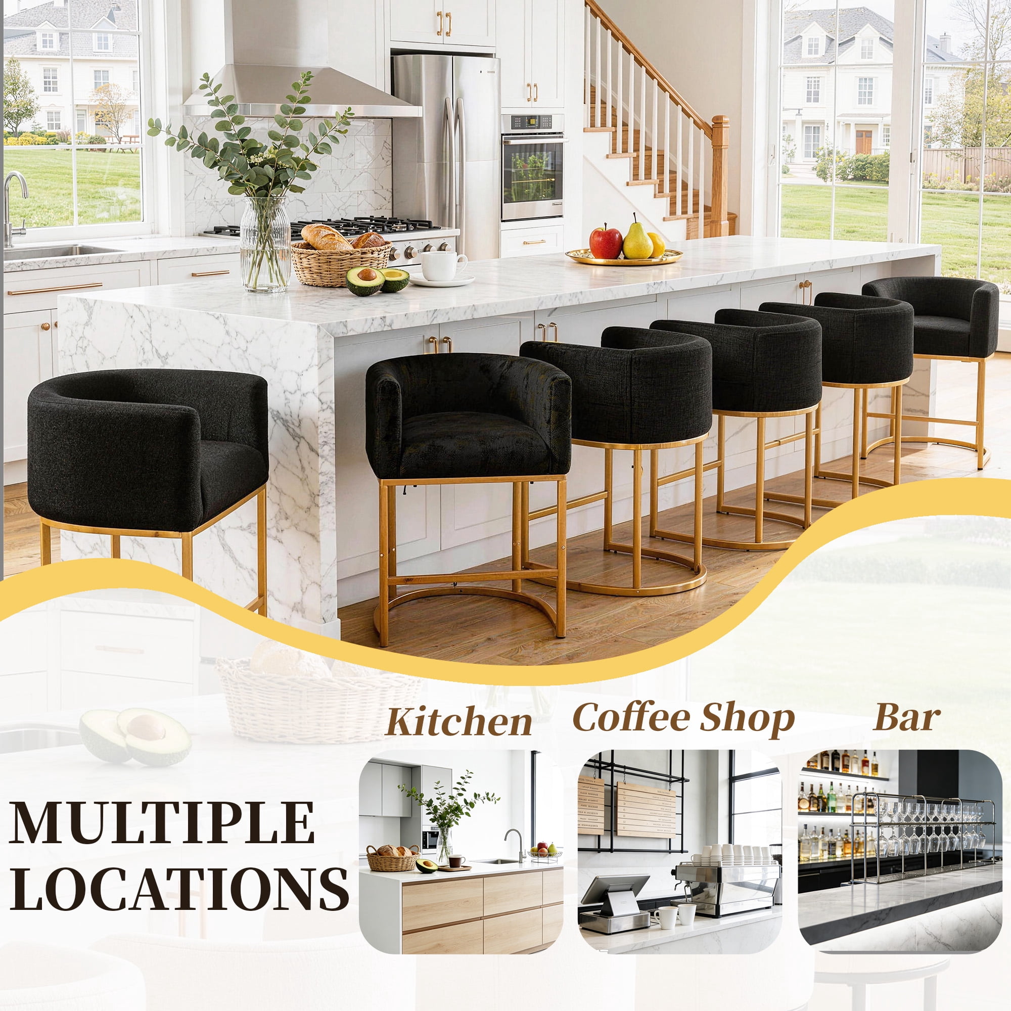 CRERIYO 26" Counter Height Bar Stool Set of 1, Fabric Upholstered Modern Barrel Bar Chair with Metal Frame, Black