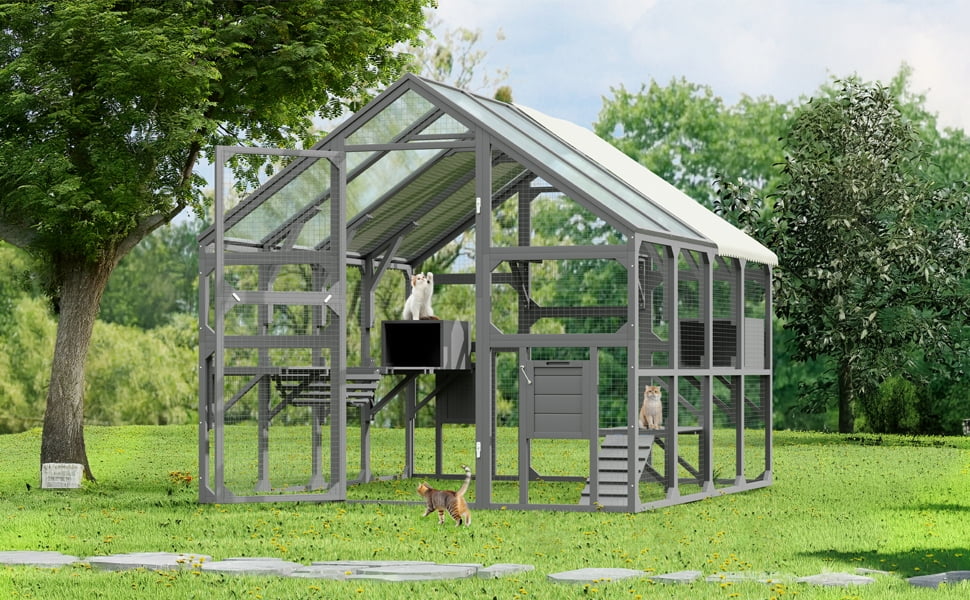 Eyisean 74.4" H Wooden Large Catio Outdoor Cat Enclosure, Durable Walk in Cat House with 7 Platform & 2 Resting Box, All-Weather Kitty Cage Kennel with Wire Mesh & Sunshine Board for Multiple Kitty