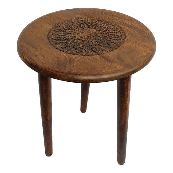 Benzara 22" Round Side End Table Indian Mandala Floral Carving in Brown