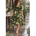 thumbnail image 3 of Plus Size Green & Gold Metallic Print Midi Dress, Wrap V-Neck 3/4 Sleeve A-Line Dress with Waist Tie & Pockets, 3 of 5