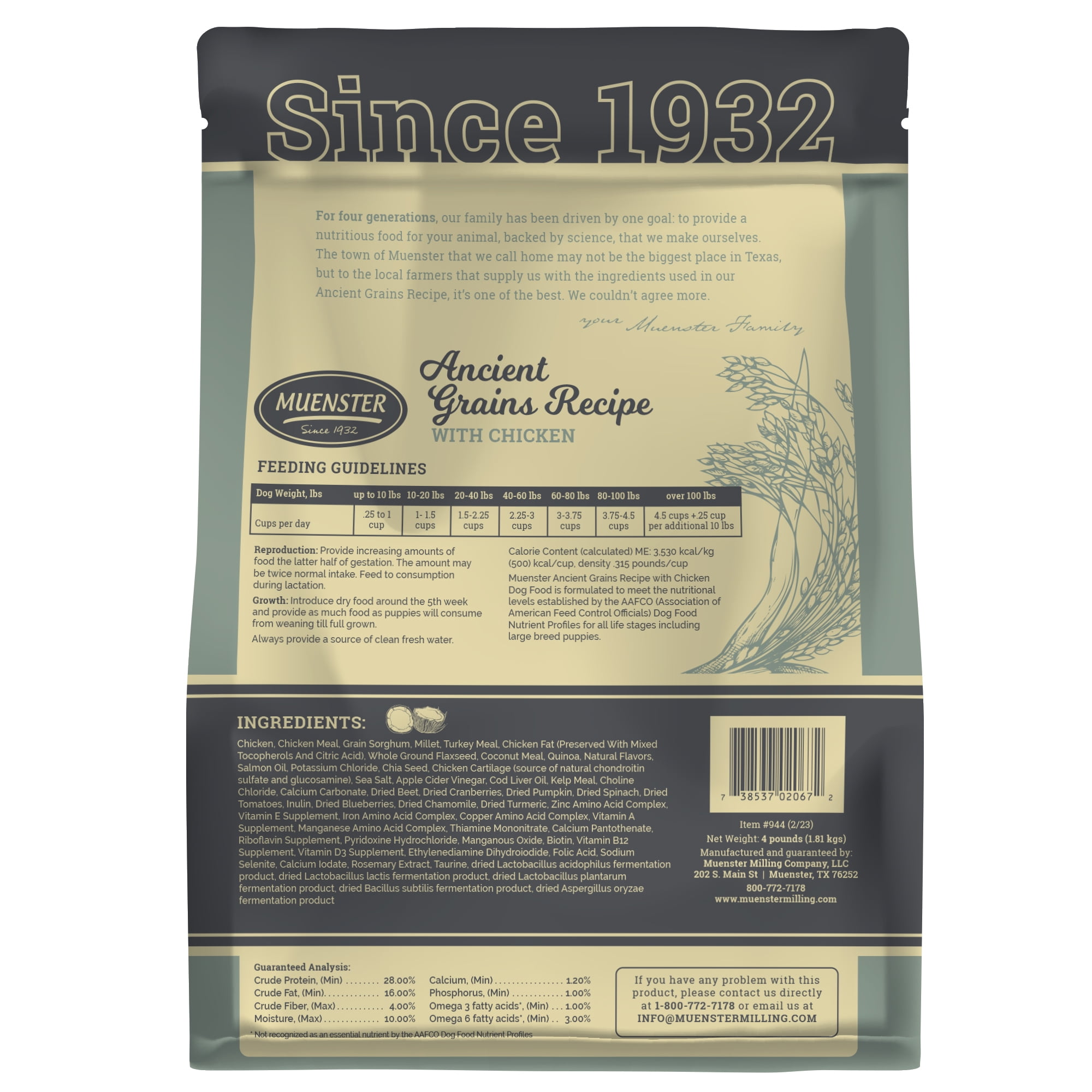 Muenster Ancient Grains Chicken Dog Food, All Life Stages, 4 lb Bag