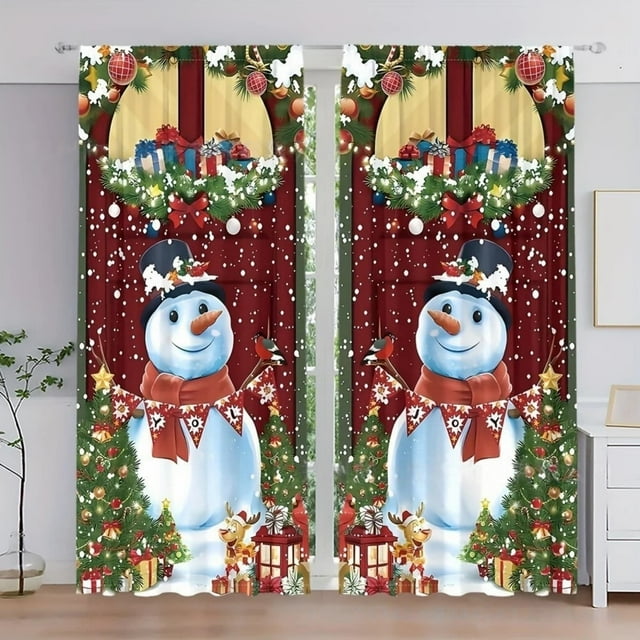 Oliegs Couverture Rideaux Imprimés des Fêtes 2 Rideaux Plats 2D Imprimés Rouges de Noël avec Flocons de Neige et Branches pour Chambre Salon Fête des Fêtes