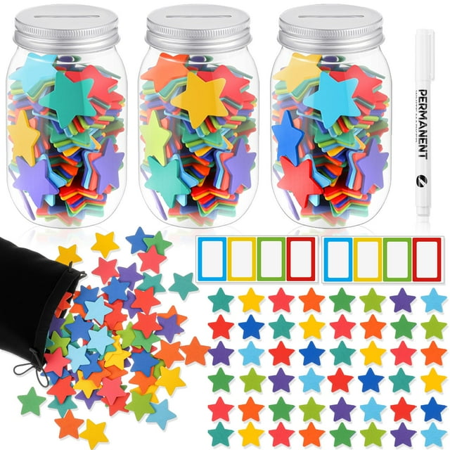 Jarrón de recompensas Roowest Star para niños con 3 tarros para monedas y 200 estrellas