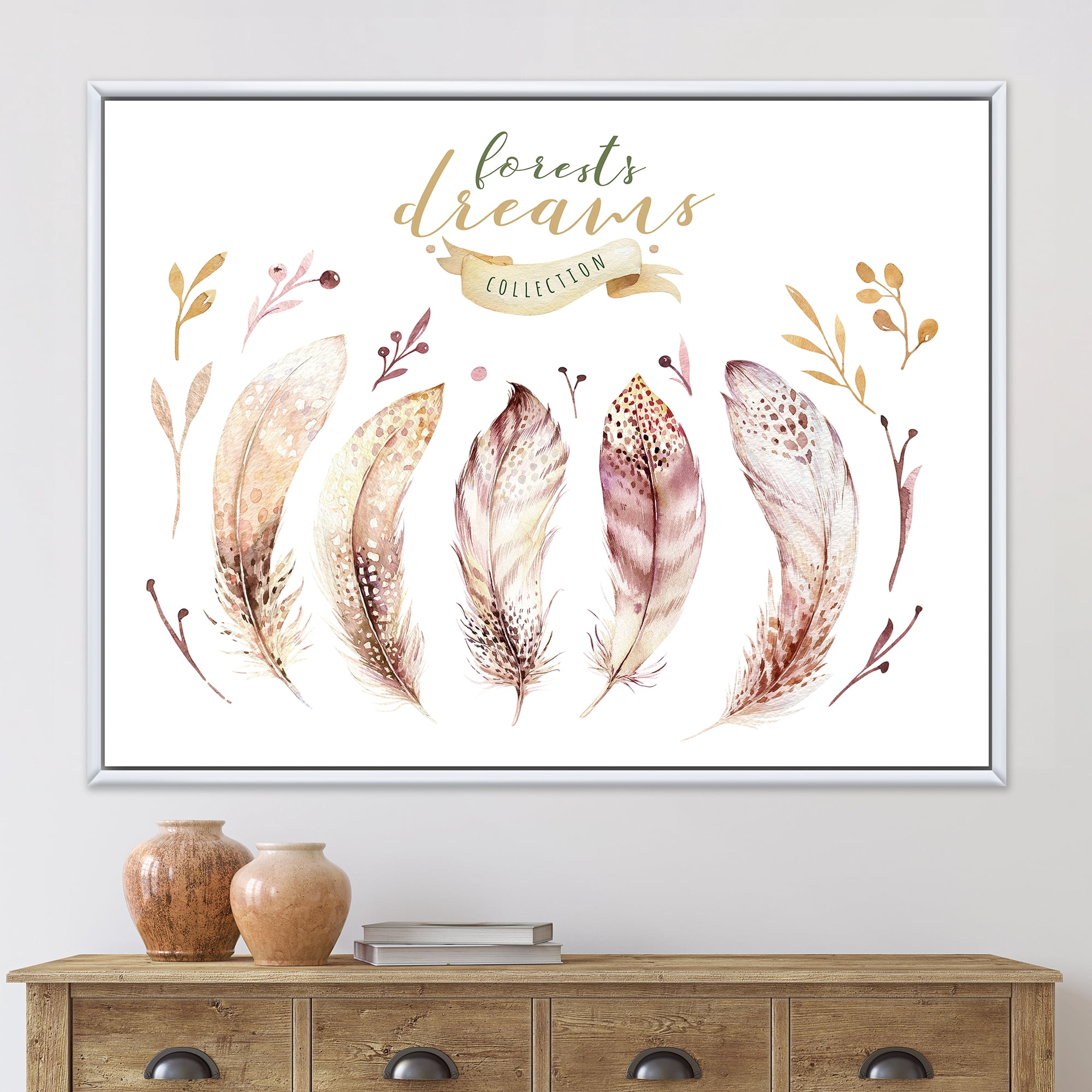 Designart 'Vital Feathers In Ethnic Boho Style' Bohemian & Eclectic Framed Canvas Wall Art Print