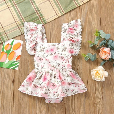 

Wolfast Promotion Summer Toddler Baby Girl Floral Lace Flying Sleeve Strap Romper Jumpsuit