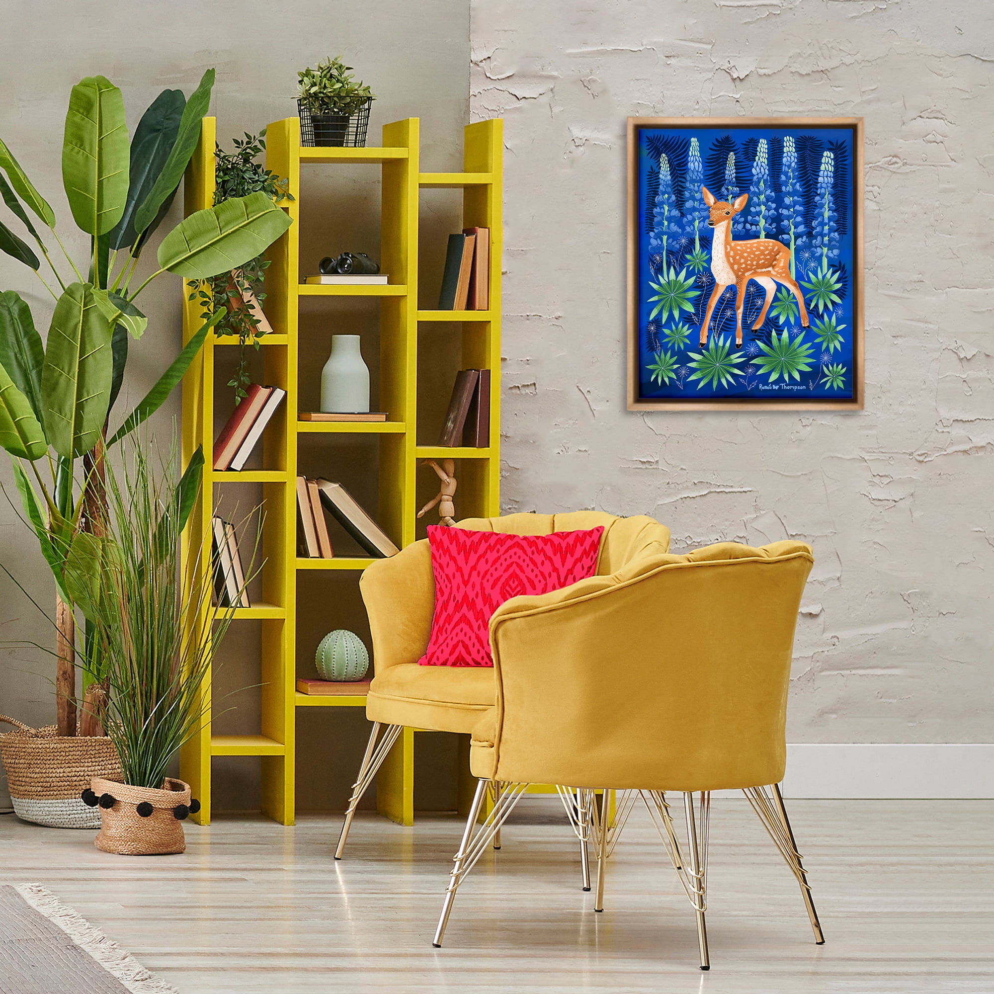 Stupell Industries Fawn & Lupine Flowers Animals Painting Brown Floater Framed Canvas Art Print Wall Art, 17 x 21