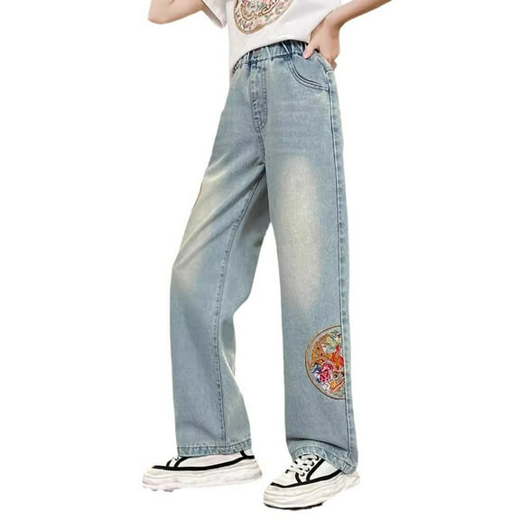 Wide Leg Jeans for Teen Girls Y2𝐊 Streetwear Chinese Aesthetic Embroidery Straight Leg Baggy Jeans Kids Denim Pants