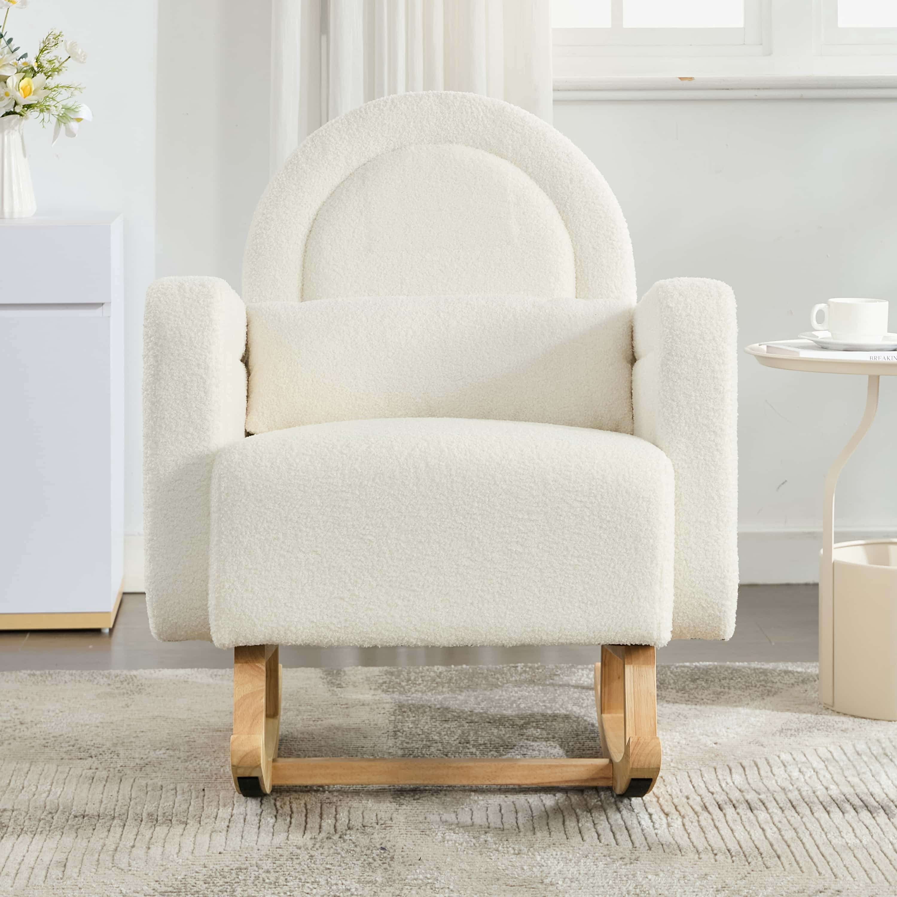 Miniyam Accent Rocking Chair with Curved Back & Pillow, Teddy Velvet, Cream White