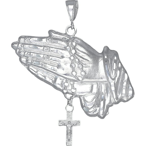 Large Sterling Silver Praying Hands with Rosary Cross Pendant Necklace Diamond Cut Finish and 24 Inch Chain