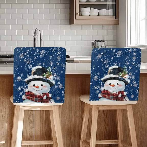 Christmas Snowman Chair Covers Set of 4 with Snowflakes Blue Texture Chair Back Covers Stretch Removable Washable Slipcovers Protector for Dining Room Kitchen Party Decor