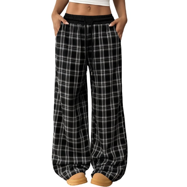 TaTaai Women Casual High Waist Plaid Panel Wide Leg Long Pants Modern Style Ladies Daily Street Office Wear Non-See-Through No Fading Stylish Comfortable Trousers Gift