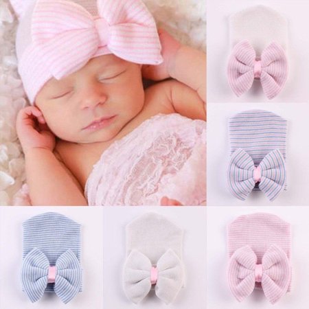 

Newborn Baby Girl Infant Colorful Striped Bow Cap Hospital Warm Soft Beanie Hat