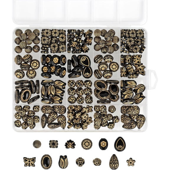 The Beadsmith Acrylic Beads Assortment – Black Faux Gold Accent, Approx. 213pc, 13 Shapes (8.9–18.2mm), Jewelry & Bracelet Making Kit