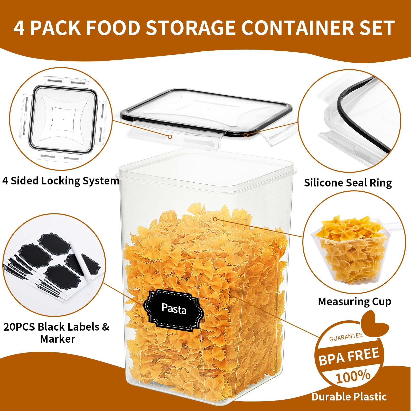 6.5L Food Storage Containers 4 Pack Airtight Kitchen Pantry Organization