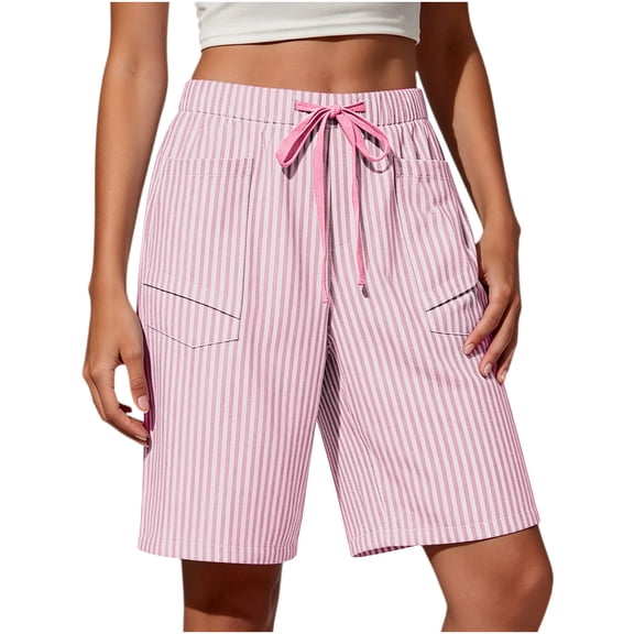 hoksml Women Striped Drawstring Pull-On Shorts, Elastic Waist Casual Bermuda Shorts with Pockets