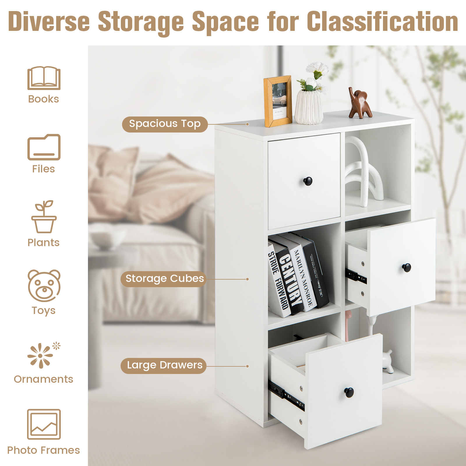 Giantex 6-Cube Bookcase w/Drawers, Freestanding Wooden Bookshelf Organizer for Kids Room, Living Room, Study, Bedroom, White