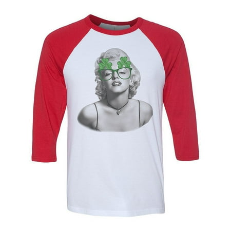 Marilyn Monroe Glass - Unisex Marilyn Monroe Shamrock Glasses B1635 White/Red C5 3/4 Sleeve Baseball T-Shirt Medium