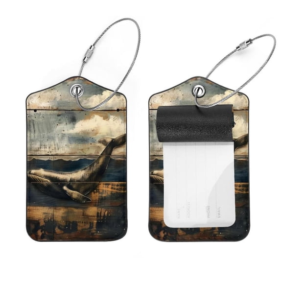 PhooArto Whale on Wood Board Luggage Tags with Stainless Steel Loop, 2 Pack Luggage Tag Holders for Travel Luggage Baggage Identifier