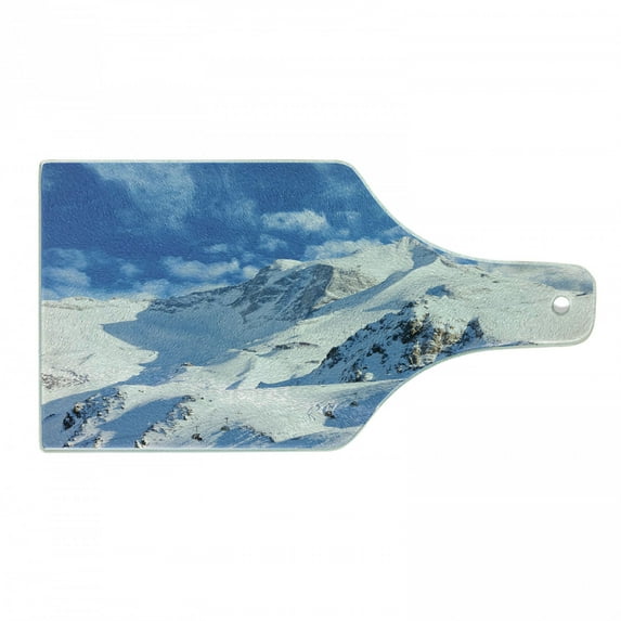 Mountain Cutting Board, Mountain Landscape Ski Slope Winter Seasonal Sport Telfer and Snowboarding Image, Tempered Glass Cutting and Serving Board, Wine Bottle Shape, White Blue, by Ambesonne