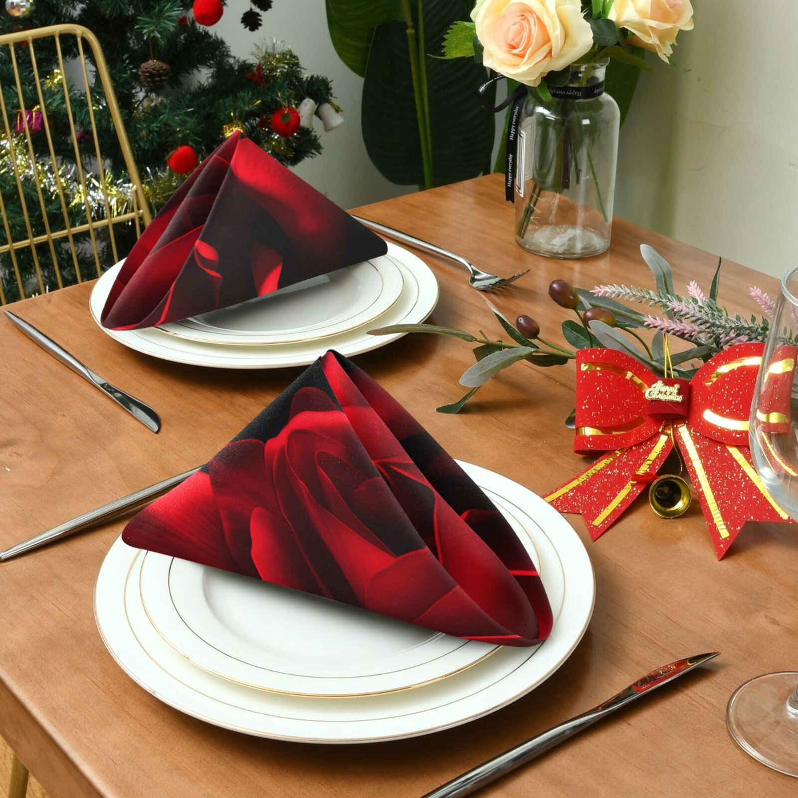 JSTEL Blooming Rose Flower Closeup Cloth Napkins Set of 6, 20x20 Inch Washable and Reusable Napkin for Decoupage Dinner Party Everyday Use