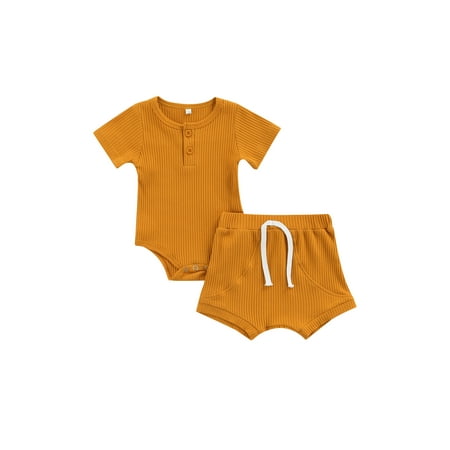 

ZIYIXIN 2Pcs Newborn Baby Girls Boys Outfits Short Sleeve Ribbed Romper Bodysuit Drawstring Shorts Summer Clothes Ginger Yellow 3-6 Months