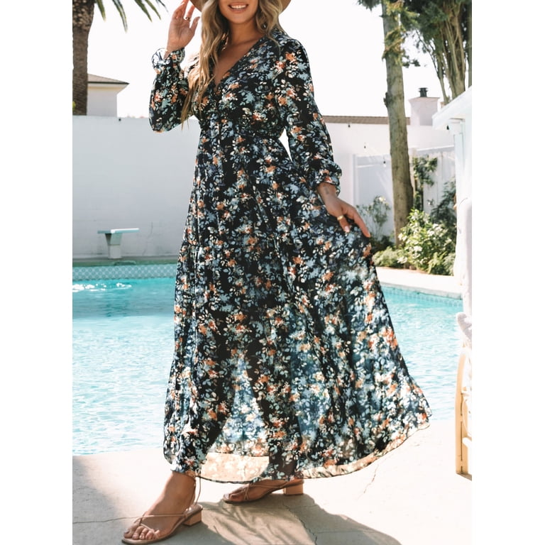 Dokotoo Womens Bohemian Blue Floral Maxi Dresses, Flowy Chiffon V 