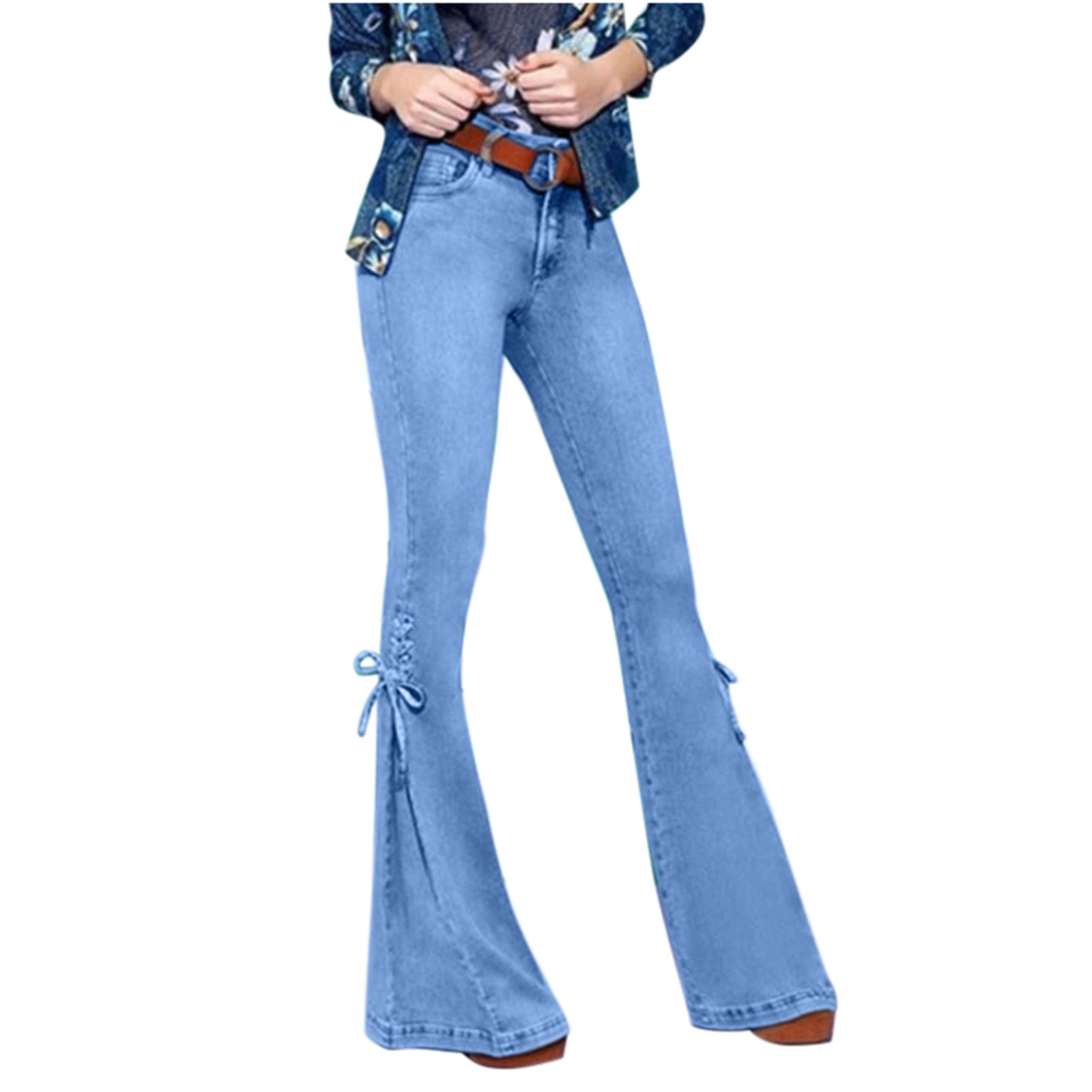 Bell Bottom Jeans for Women, Fashion Mid Rise Side Slit Lace-Up Denim ...
