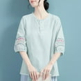 thumbnail image 4 of fatyb Plus Size Linen Shirts Embroidery Short Sleeve Button up Vintage Tops Casual Boho Blouses for Women, 4 of 7
