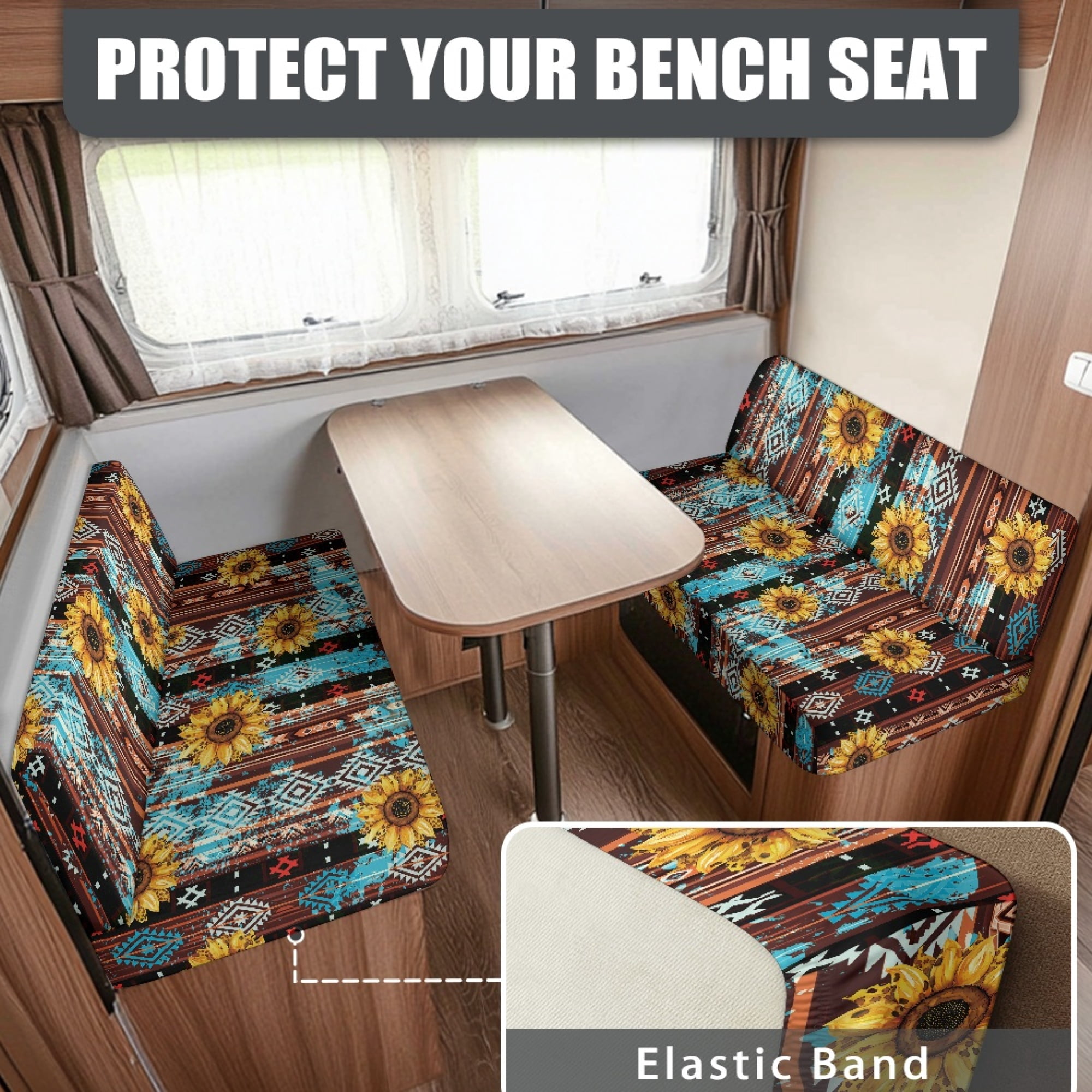 Yuyamidu Aztec RV Dinette Cushion Covers 2 Pack Sunflower RV Dinette Cushion Slipcover Elastic RV Dinette Seat Covers Breathable Camper Couch Covers Protector
