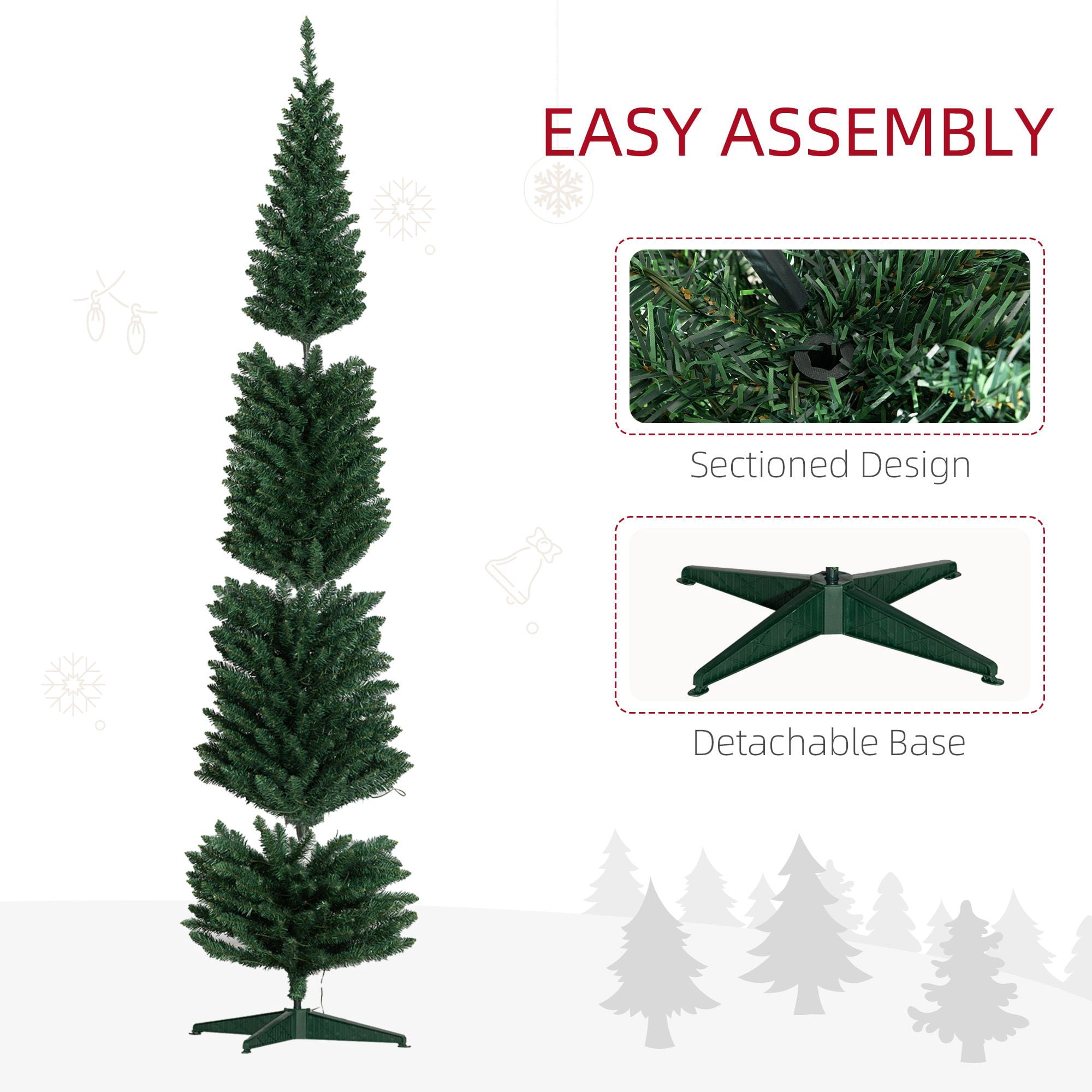 Pencil Christmas Tree, 8 ft Slim Artificial Tree with Warm White LED Lights, 618 Tips, 300 Lights, 21.75 in Diameter, for Small Rooms and Indoor Holiday Decor