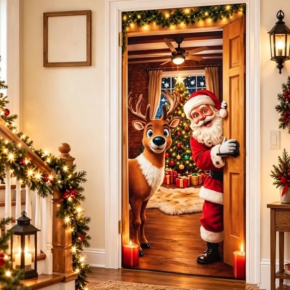 Christmas Door Cover Santa & Reindeer Door Decoration Slip-On Holiday Decor Santa And Reindeer | 4-Side Elastic Design | Easy Slip-On Setup