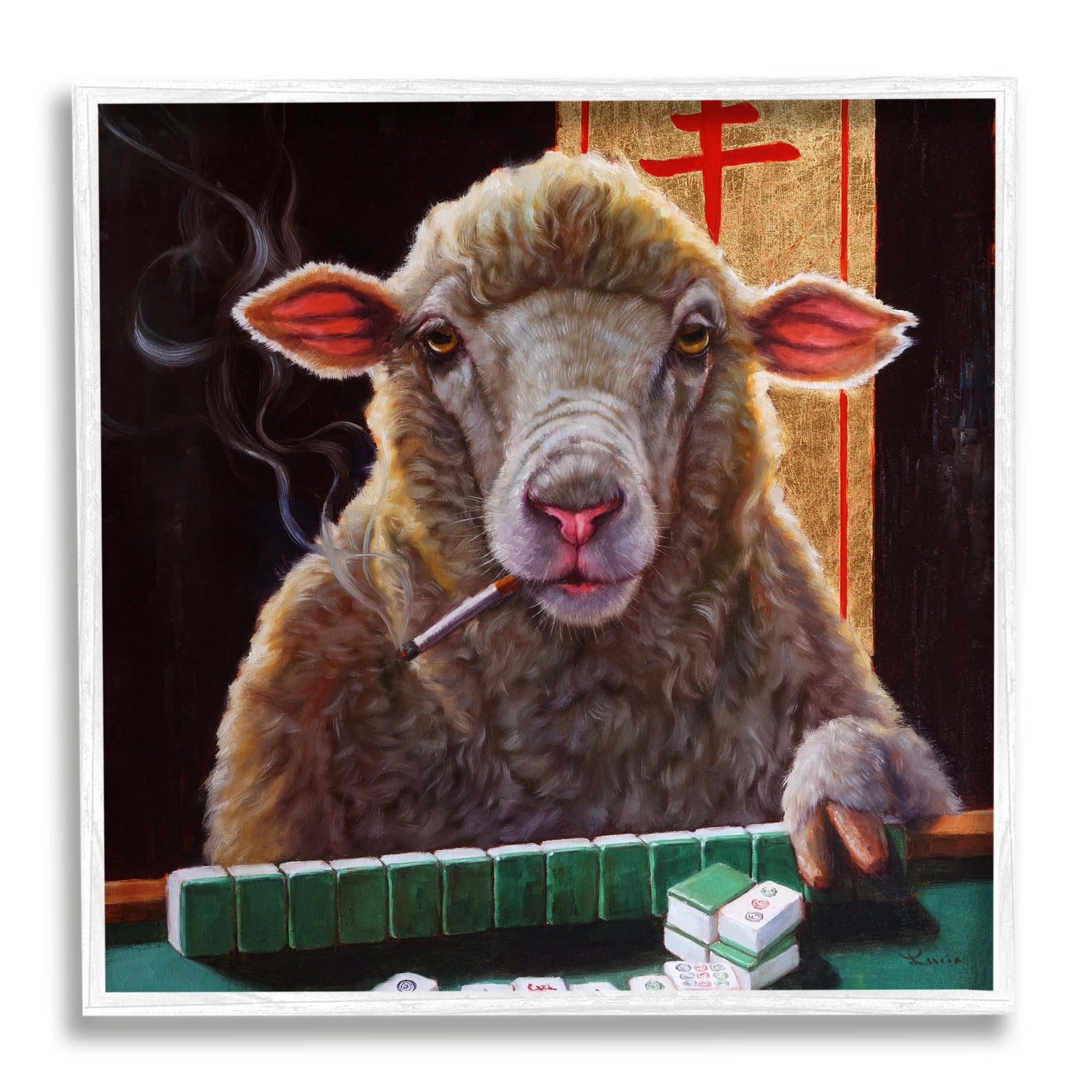 Stupell Industries Sheep Playing Mahjong Tile Game Smoking Animal Framed Wall Art, 12 x 12, Design by Lucia Heffernan