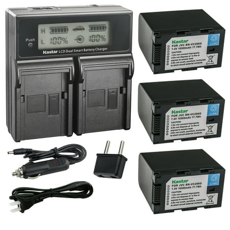 Kastar 3-Pack Battery and AC LCD Dual Fast Charger Compatible with JVC CONNECTED CAM GY-HC500E GY-HC500U JVC GY-HC500SPC Connected Cam 4K Handheld Camcorder JVC GY-HC 550 GY-HC 550E Camcorder