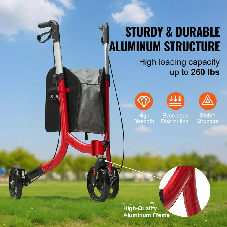 SKYSHALO Trio Walker for Elderly, Easy-to-Fold Aluminum Three-Wheel Walker, Height-Adjustable Handles, Large-Wheeled Outdoor Walker with Generous SKYSHALO Trio Walker for Elderly, Easy-to-Fold Aluminum Three-Wheel Walker, Height-Adjustable Handles, Large-Wheeled Outdoor Walker with Generous