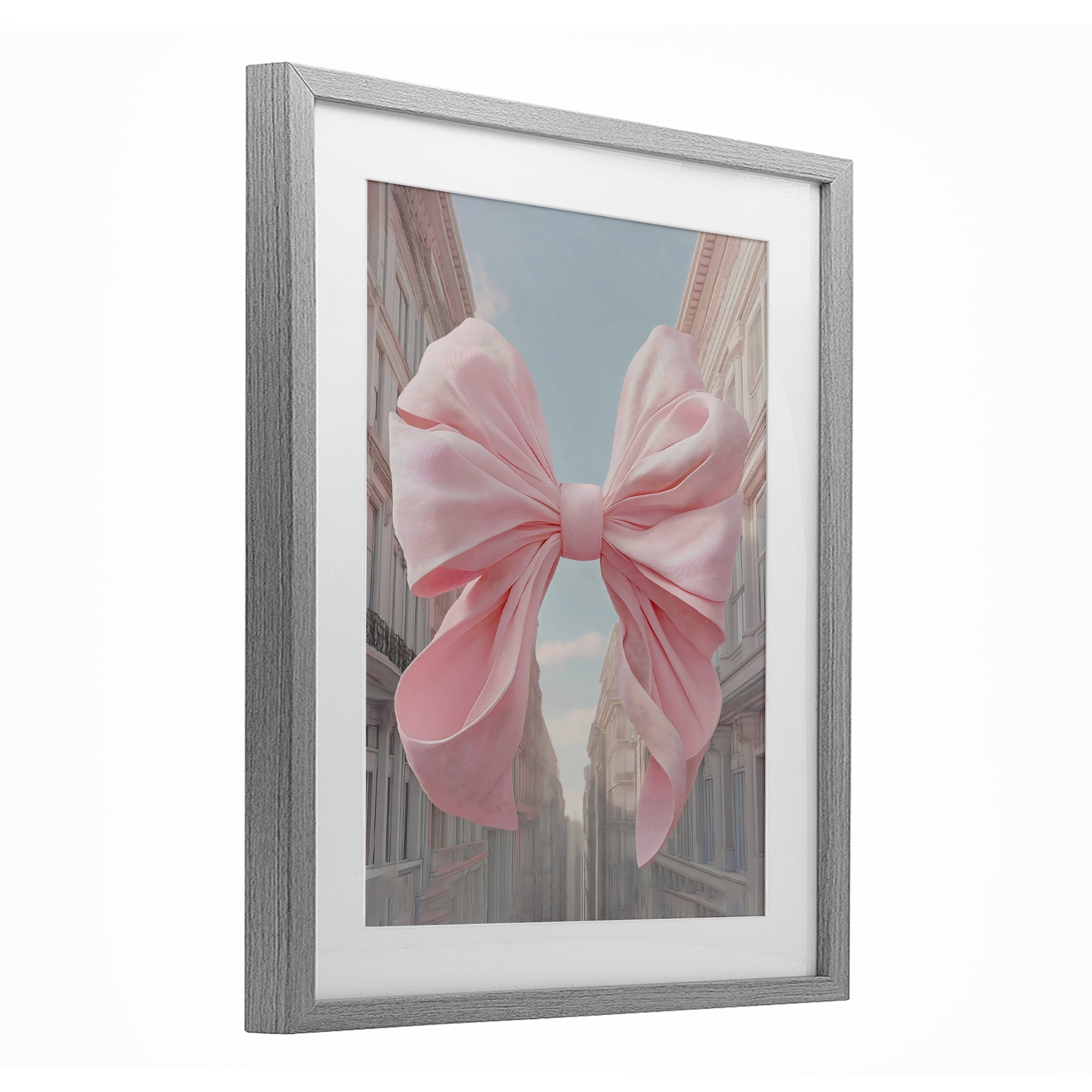 Stupell Industries Pink Bow over City Street Gray Framed Print Under Glass, design by The Prints Vibe